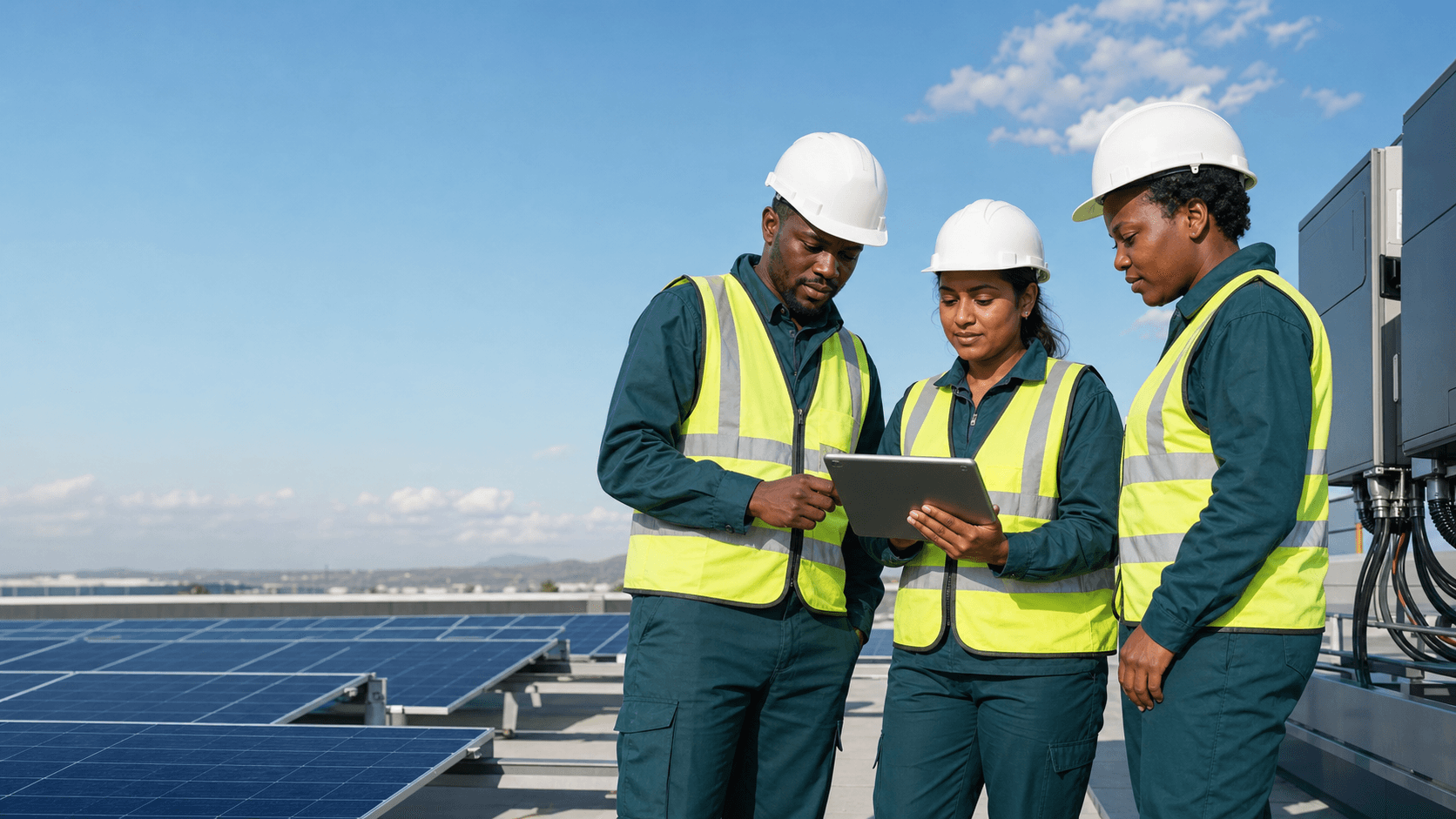 Solar operations team reviewing a portfolio on a rooftop